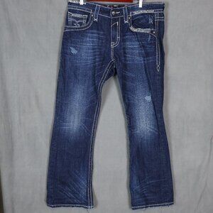 Rock Revival Jeans Mens 36x33 Fits 37x33 Jax Boot Cut Whiskered Cowboy Dark Wash